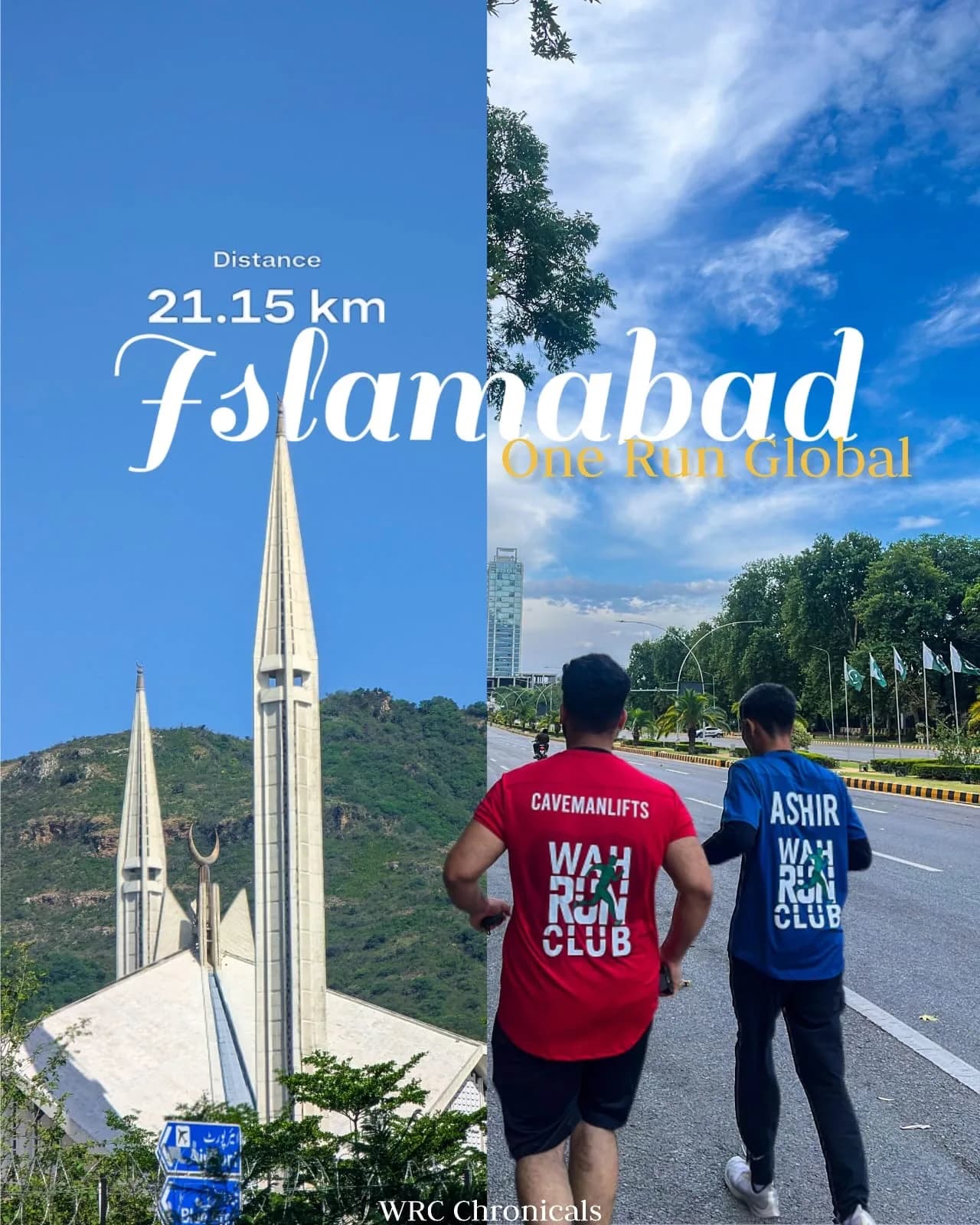 WRC runners in club shirts beside a view of Faisal Mosque in the One Run event artwork