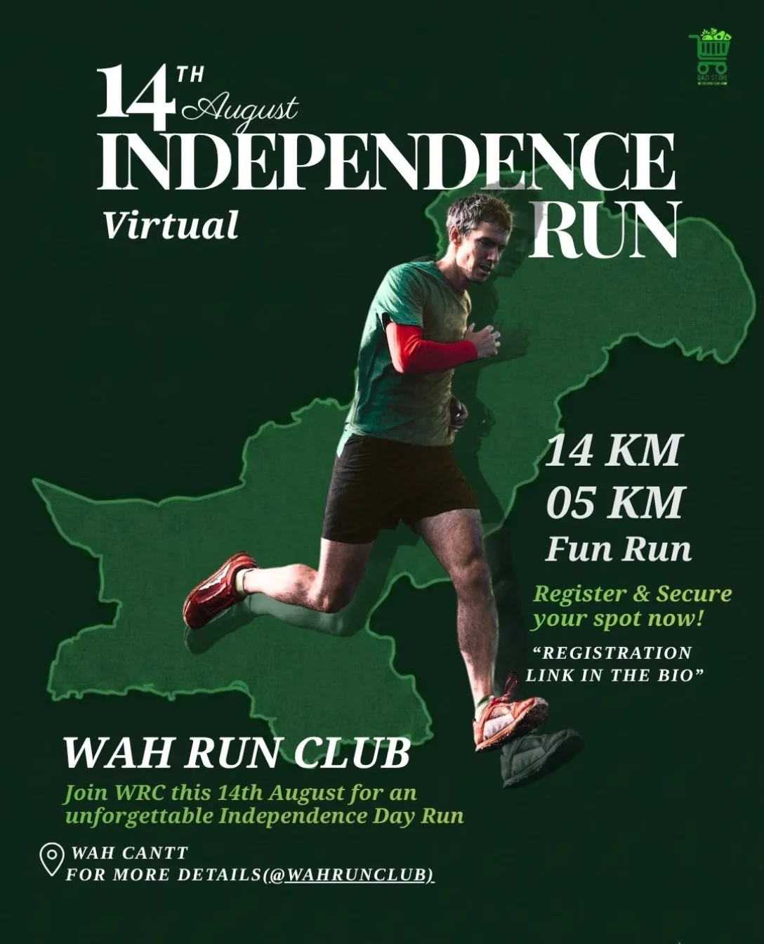 Wah Run Club’s green Azaadi Run poster announcing 14 August, 14K and 5K virtual categories